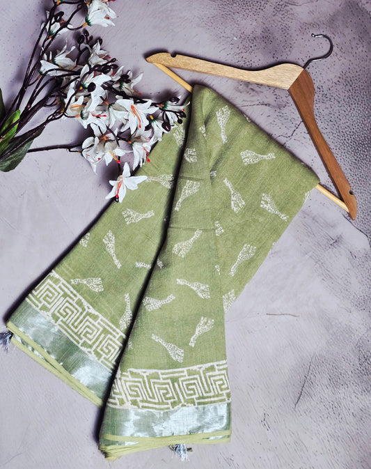 Sage Green & Ivory White Paisley Motif Linen Cotton Saree