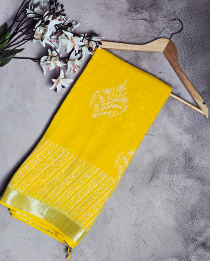 Mustard Yellow & Ivory White Floral Motif Linen Cotton Saree