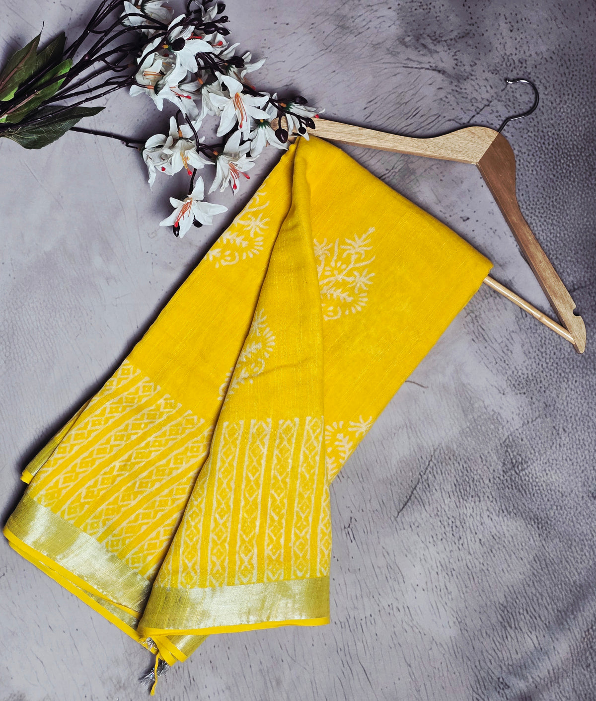 Mustard Yellow & Ivory White Floral Motif Linen Cotton Saree