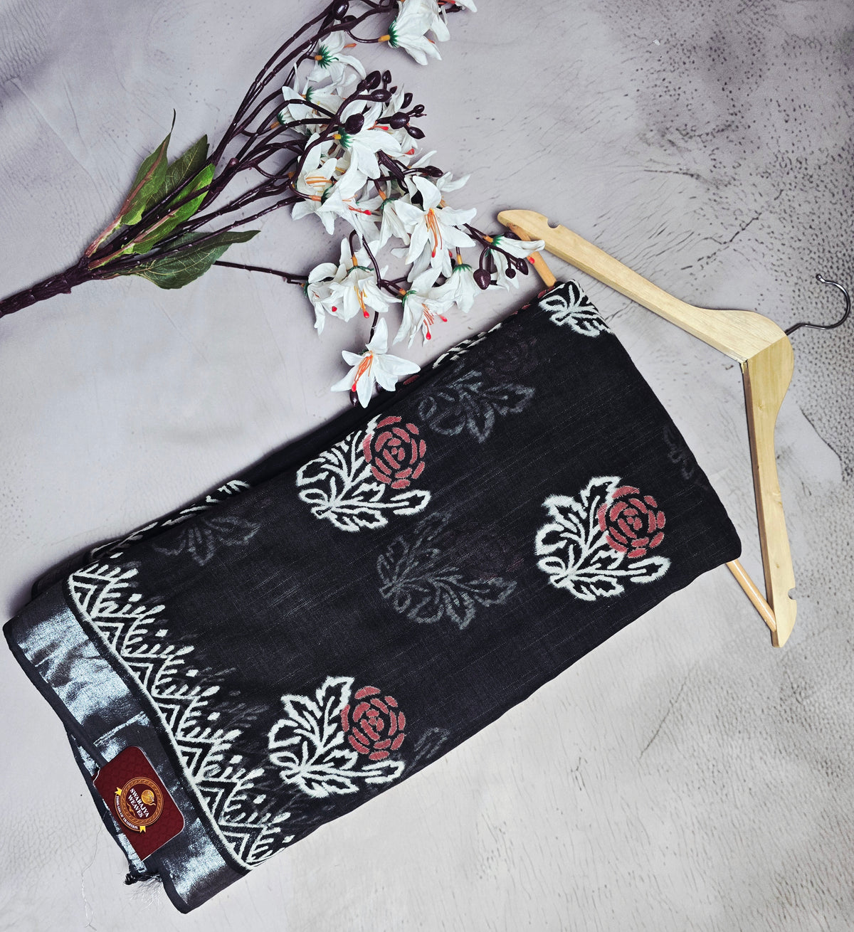 Black, White & Red Floral Motif Linen Cotton Saree