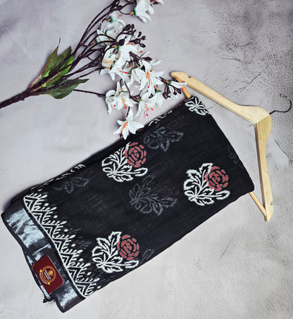 Black, White & Red Floral Motif Linen Cotton Saree