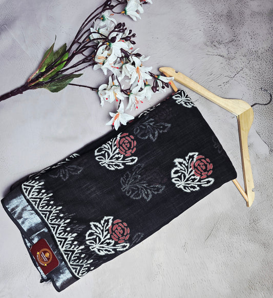 Black, White & Red Floral Motif Linen Cotton Saree