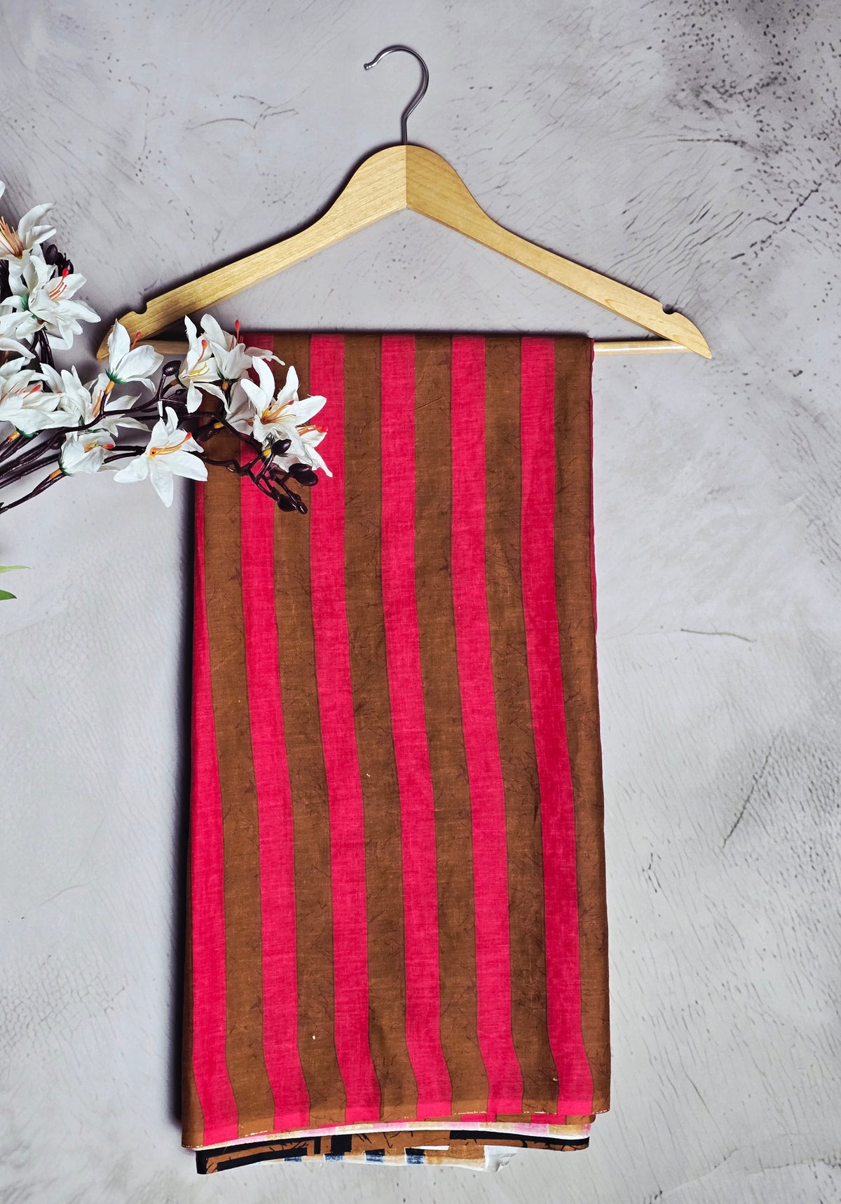 Brown & Pink Striped Cotton Bagru Saree