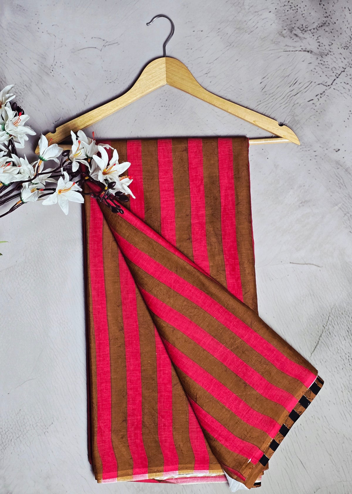 Brown & Pink Striped Cotton Bagru Saree