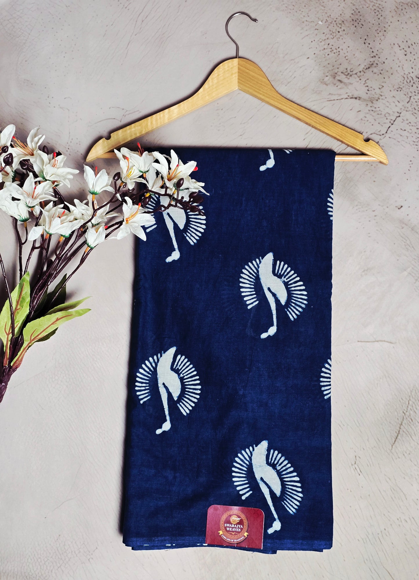 Navy Blue & White Bird Motif Cotton Bagru Saree