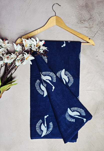 Navy Blue & White Bird Motif Cotton Bagru Saree