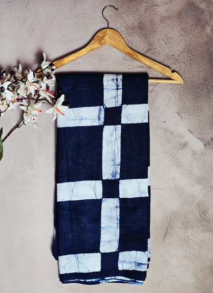 Indigo Blue & White Geometric Cotton Bagru Saree