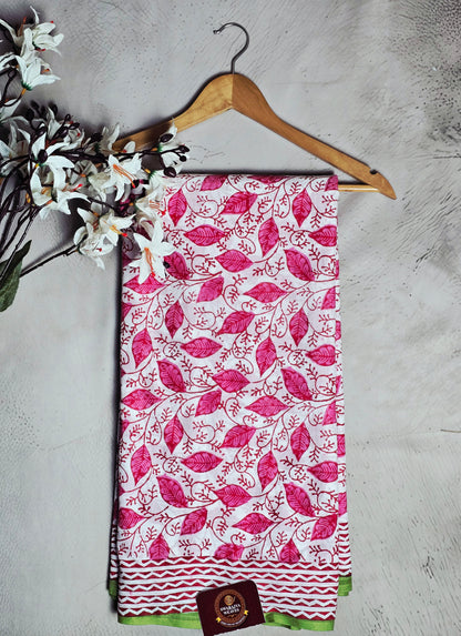 White & Pink Leaf Vine Cotton Saree with Green Border