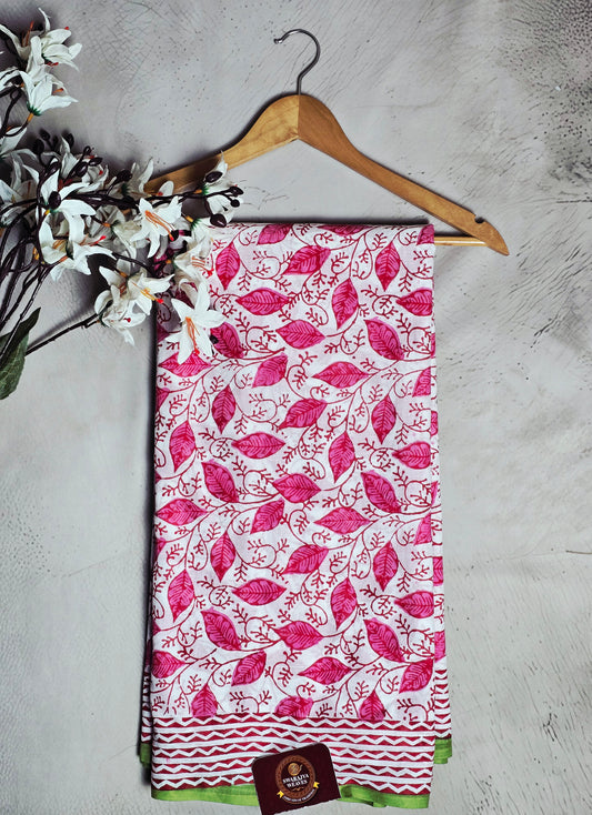 White & Pink Leaf Vine Cotton Saree with Green Border