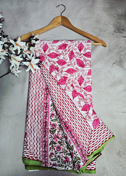 White & Pink Leaf Vine Cotton Saree with Green Border