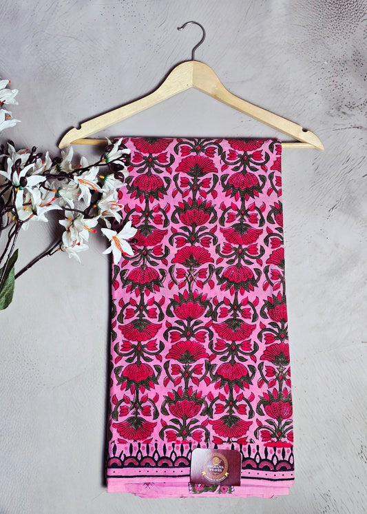 Pink & Magenta Floral Block Print Cotton Saree with Black Border