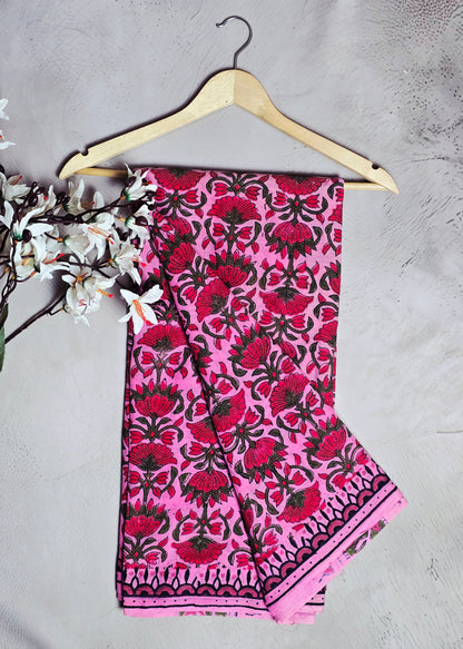 Pink & Magenta Floral Block Print Cotton Saree with Black Border