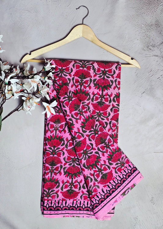 Pink & Magenta Floral Block Print Cotton Saree with Black Border