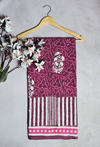 Burgundy & Magenta Floral Printed Linen Cotton Saree with Ivory Striped Border