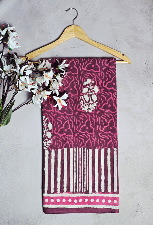 Burgundy & Magenta Floral Printed Cotton Saree with Ivory Striped Border