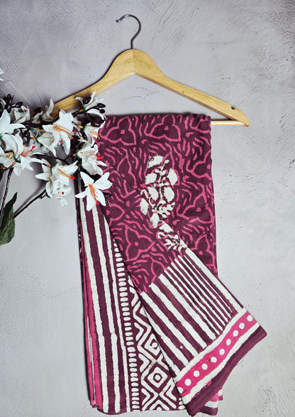 Burgundy & Magenta Floral Printed Linen Cotton Saree with Ivory Striped Border