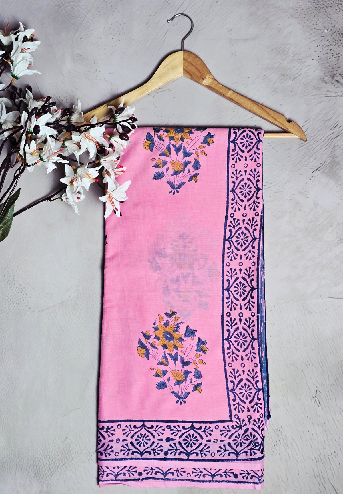 Pink & Navy Blue Floral Printed Cotton Saree with Traditional Border