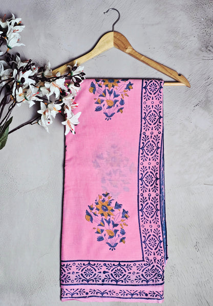Pink & Navy Blue Floral Printed Cotton Saree with Traditional Border