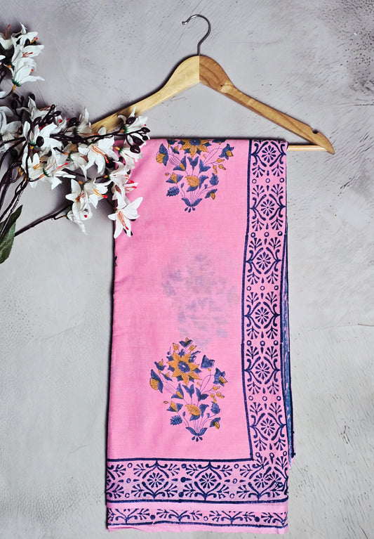 Pink & Navy Blue Floral Printed Cotton Saree with Traditional Border