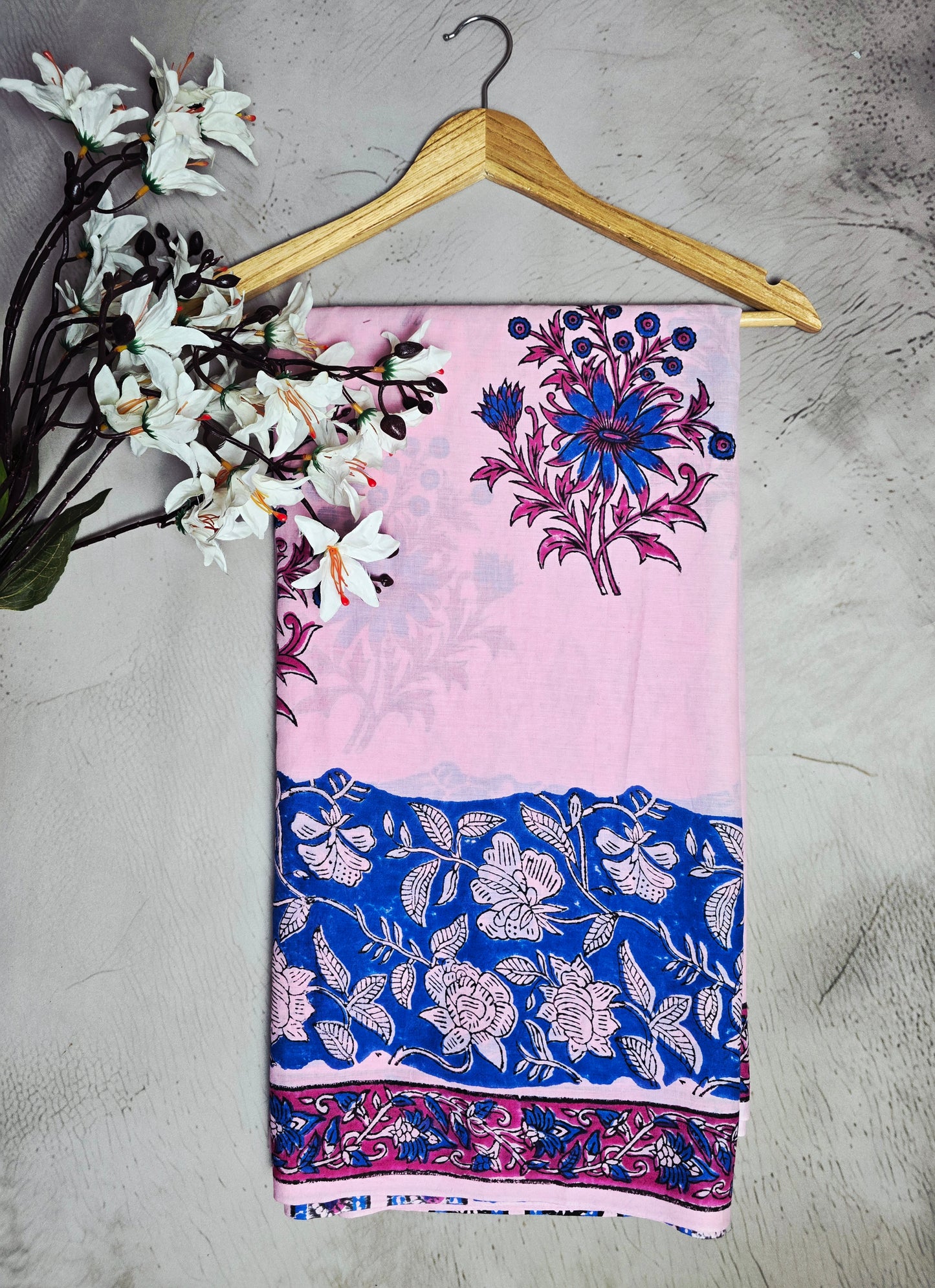 Pink & Royal Blue Floral Printed Linen Cotton Saree with Botanical Border