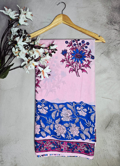 Pink & Royal Blue Floral Printed Linen Cotton Saree with Botanical Border