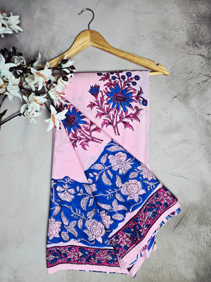 Pink & Royal Blue Floral Printed Linen Cotton Saree with Botanical Border