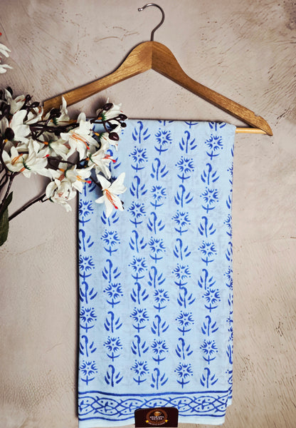 Sky Blue & Royal Blue Floral Printed Linen Cotton Saree with Traditional Border