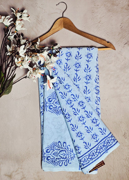 Sky Blue & Royal Blue Floral Printed Linen Cotton Saree with Traditional Border