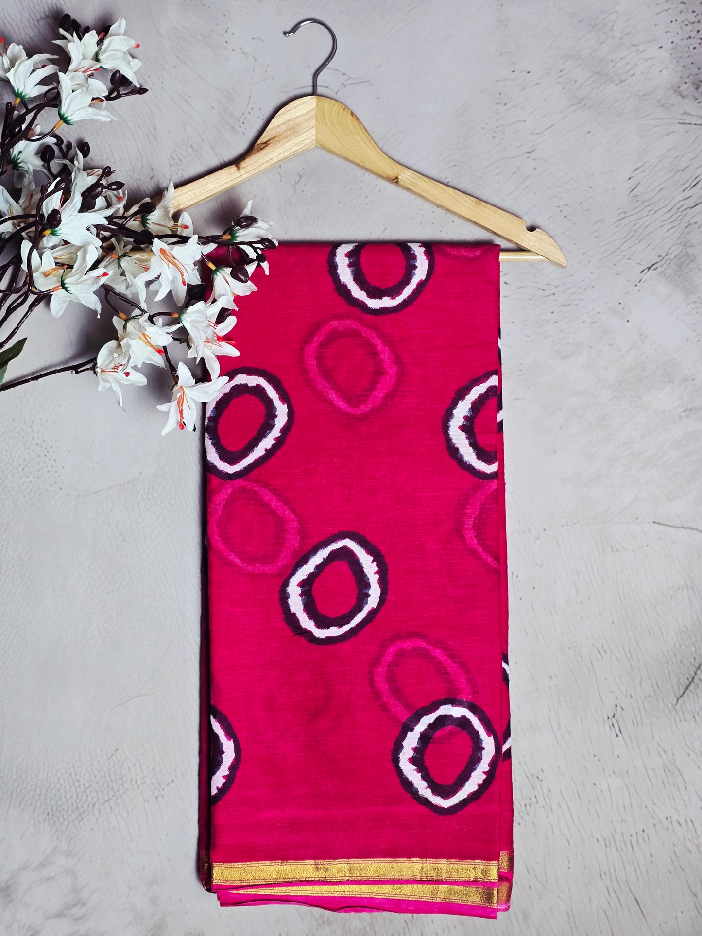 Fuchsia Pink & Black Circular Motif Linen Cotton Saree with Gold Border