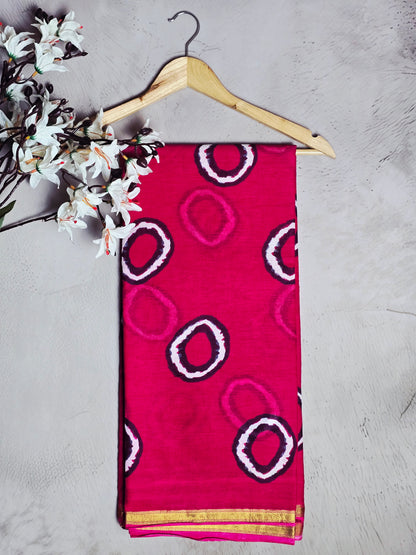 Fuchsia Pink & Black Circular Motif Linen Cotton Saree with Gold Border