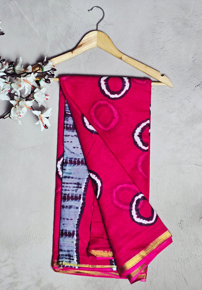 Fuchsia Pink & Black Circular Motif Linen Cotton Saree with Gold Border