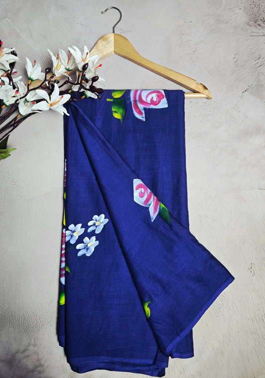 Navy Blue & Pink Floral Print Cotton Saree