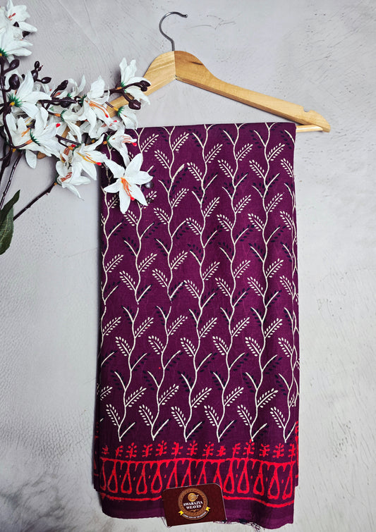 Plum & Red Leafy Vine Print Cotton Saree