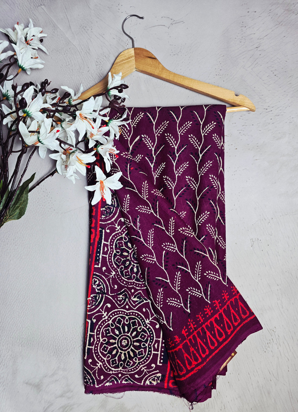 Plum & Red Leafy Vine Print Cotton Saree