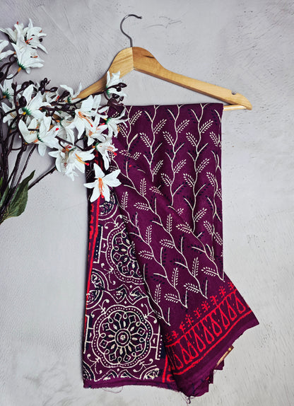 Plum & Red Leafy Vine Print Cotton Saree
