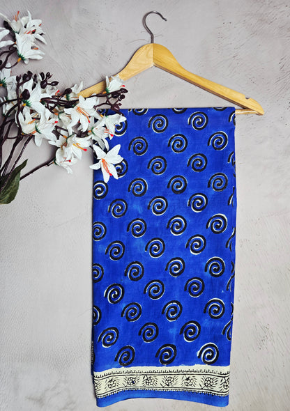 Royal Blue & Cream Spiral Print Cotton Saree