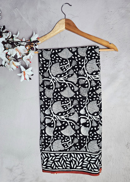 Black & White Abstract Leaf Print Cotton Saree with Rust Border