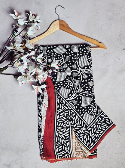 Black & White Abstract Leaf Print Cotton Saree with Rust Border