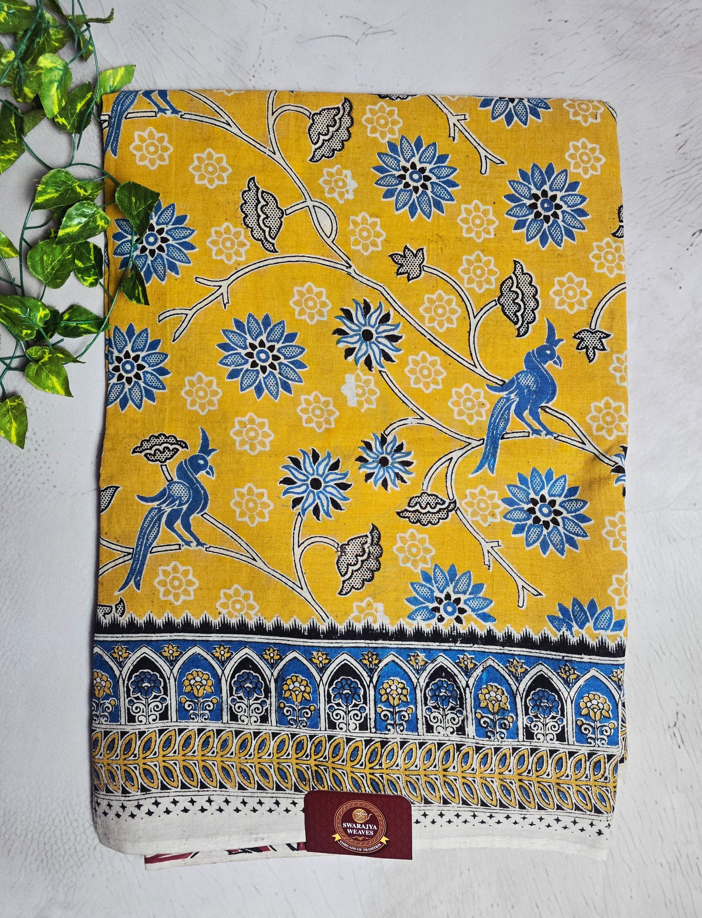 Mustard Yellow & Blue Floral Bird Motif Cotton Kalamkari Saree