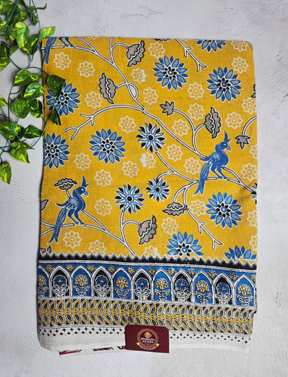 Mustard Yellow & Blue Floral Bird Motif Cotton Kalamkari Saree
