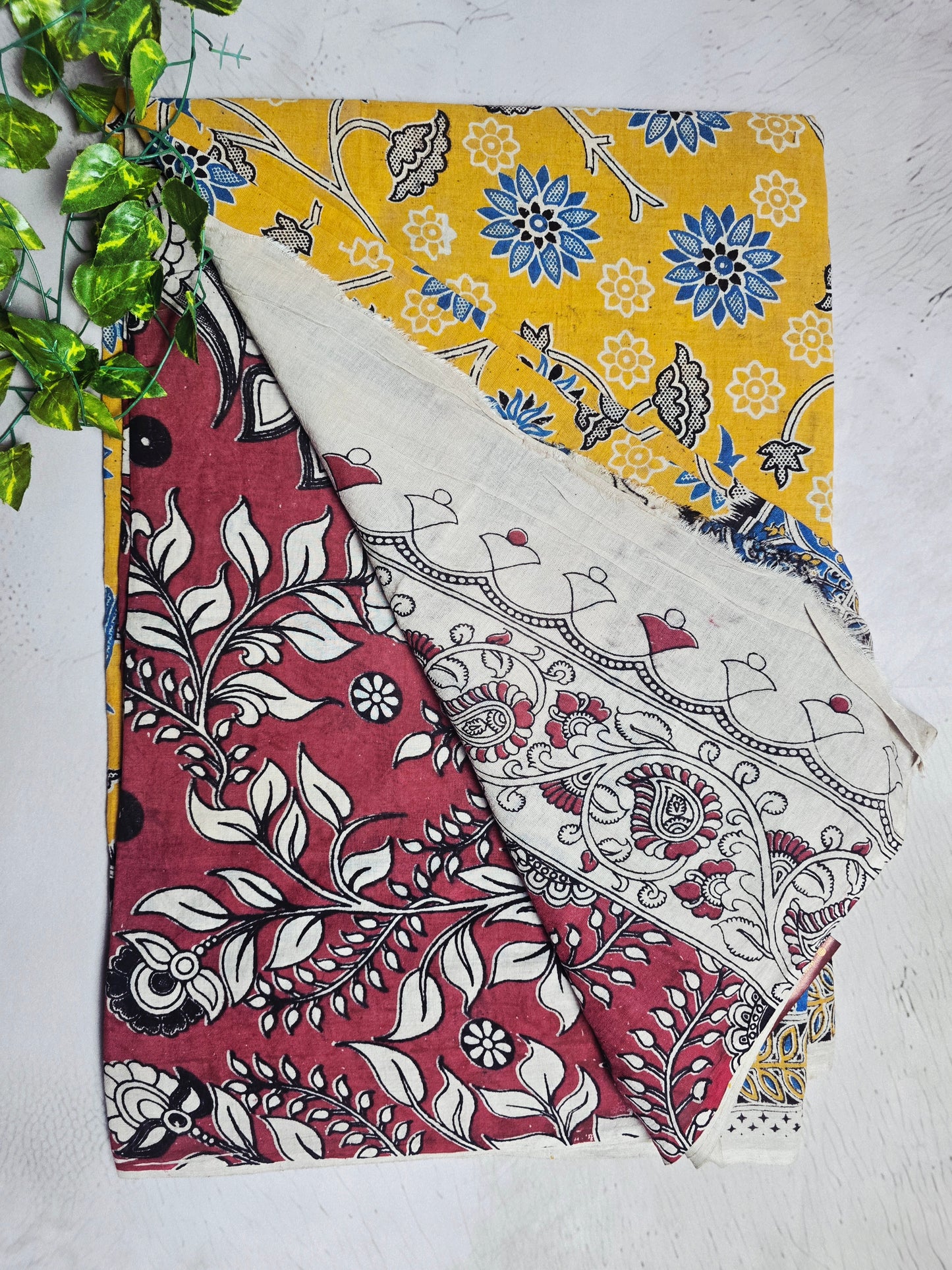 Mustard Yellow & Blue Floral Bird Motif Cotton Kalamkari Saree