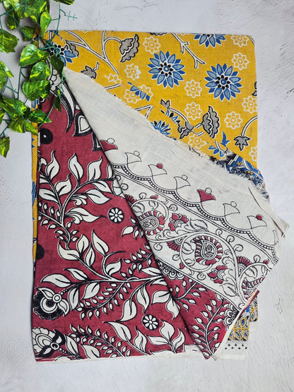 Mustard Yellow & Blue Floral Bird Motif Cotton Kalamkari Saree
