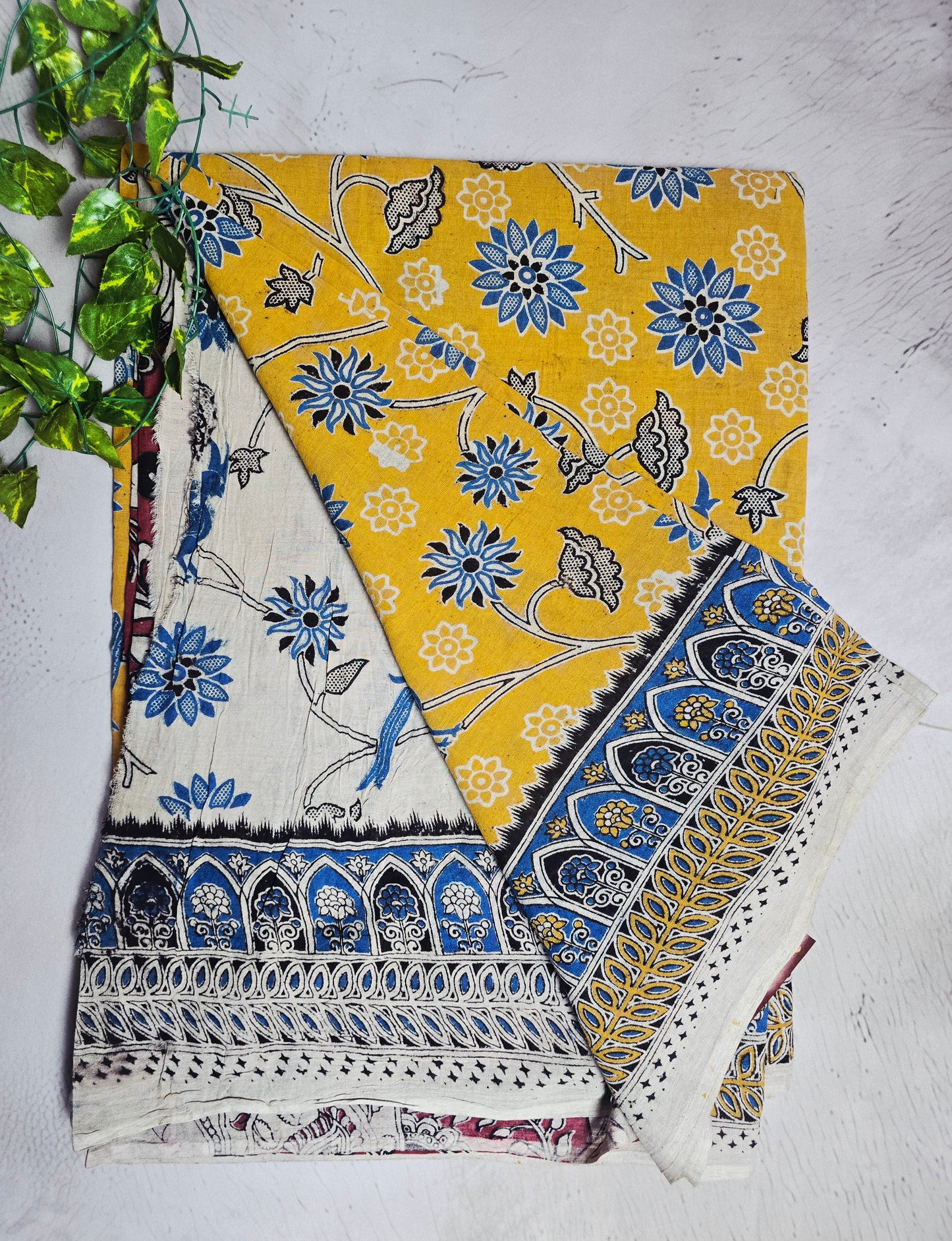 Mustard Yellow & Blue Floral Bird Motif Cotton Kalamkari Saree