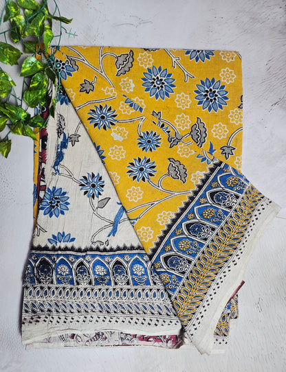 Mustard Yellow & Blue Floral Bird Motif Cotton Kalamkari Saree