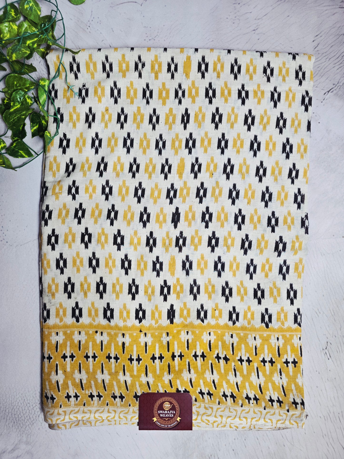 Mustard Yellow & Black Ikat Print Cotton Kalamkari Saree with Green Floral Pallu