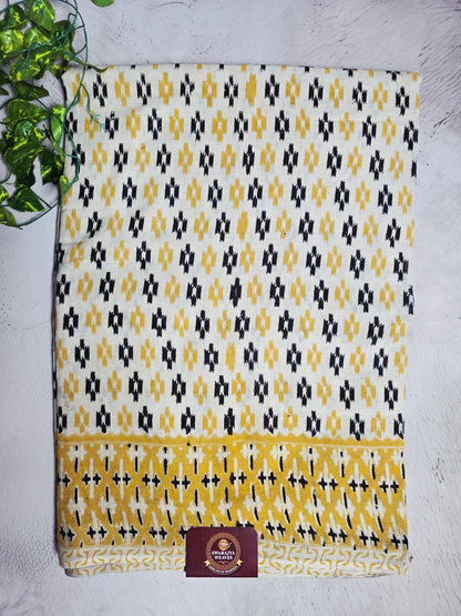 Mustard Yellow & Black Ikat Print Cotton Kalamkari Saree with Green Floral Pallu
