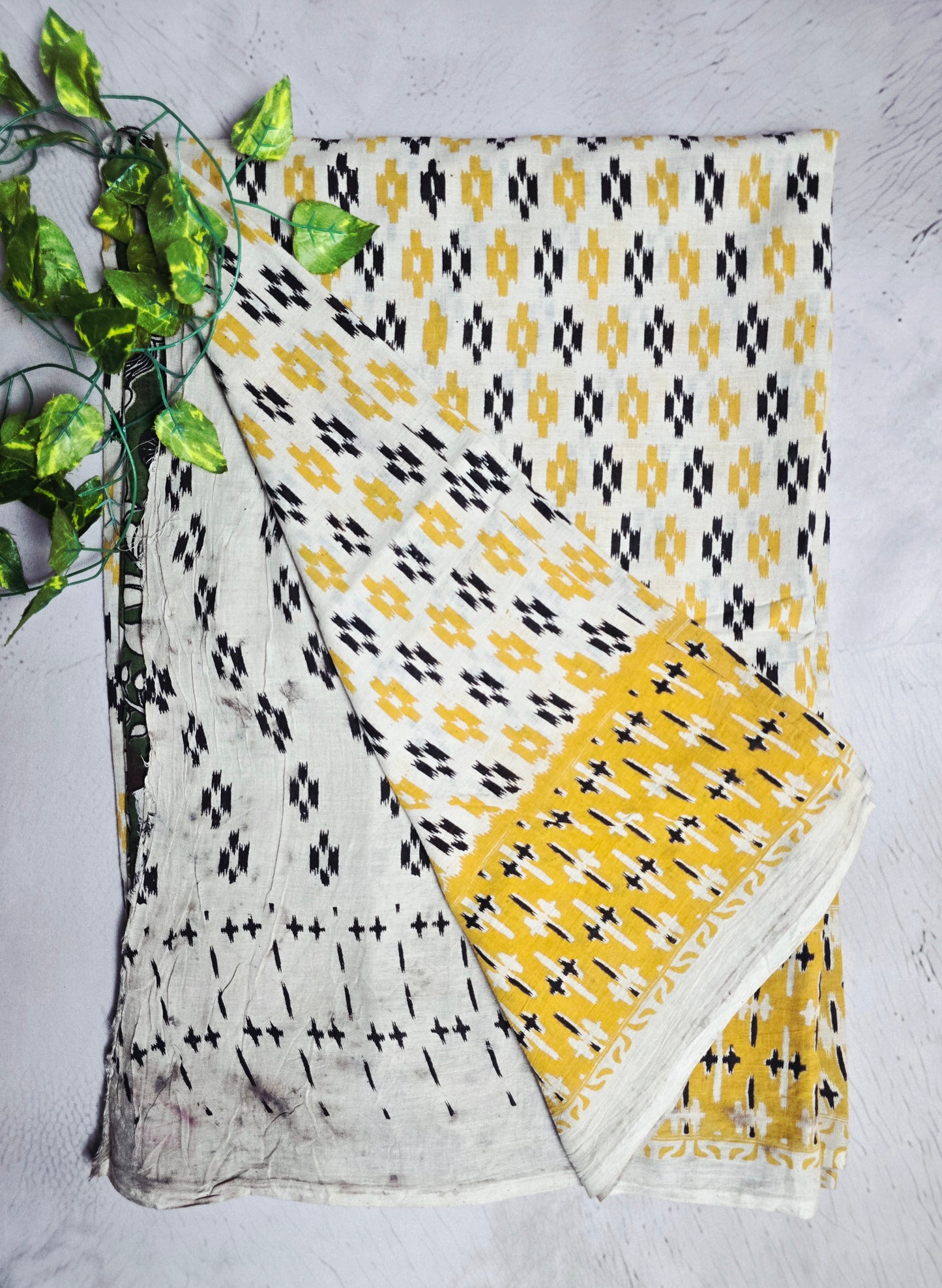 Mustard Yellow & Black Ikat Print Cotton Kalamkari Saree with Green Floral Pallu