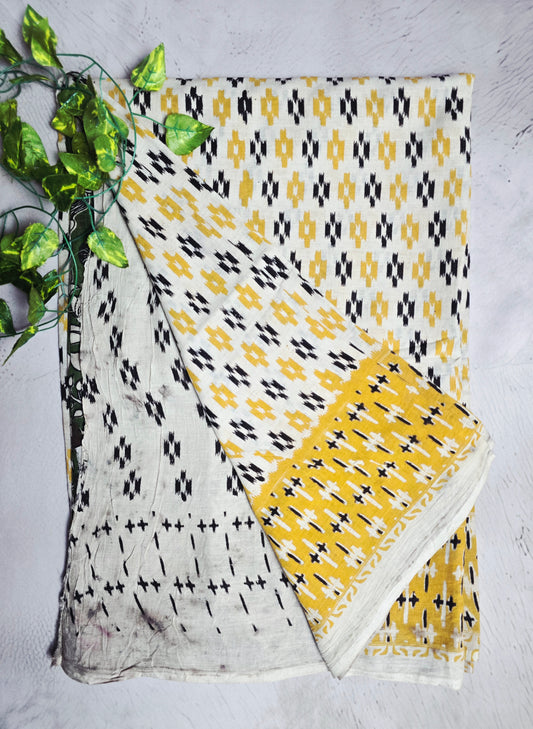 Mustard Yellow & Black Ikat Print Cotton Kalamkari Saree with Green Floral Pallu