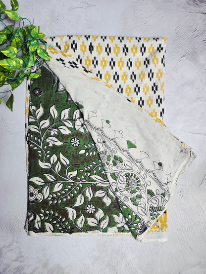 Mustard Yellow & Black Ikat Print Cotton Kalamkari Saree with Green Floral Pallu