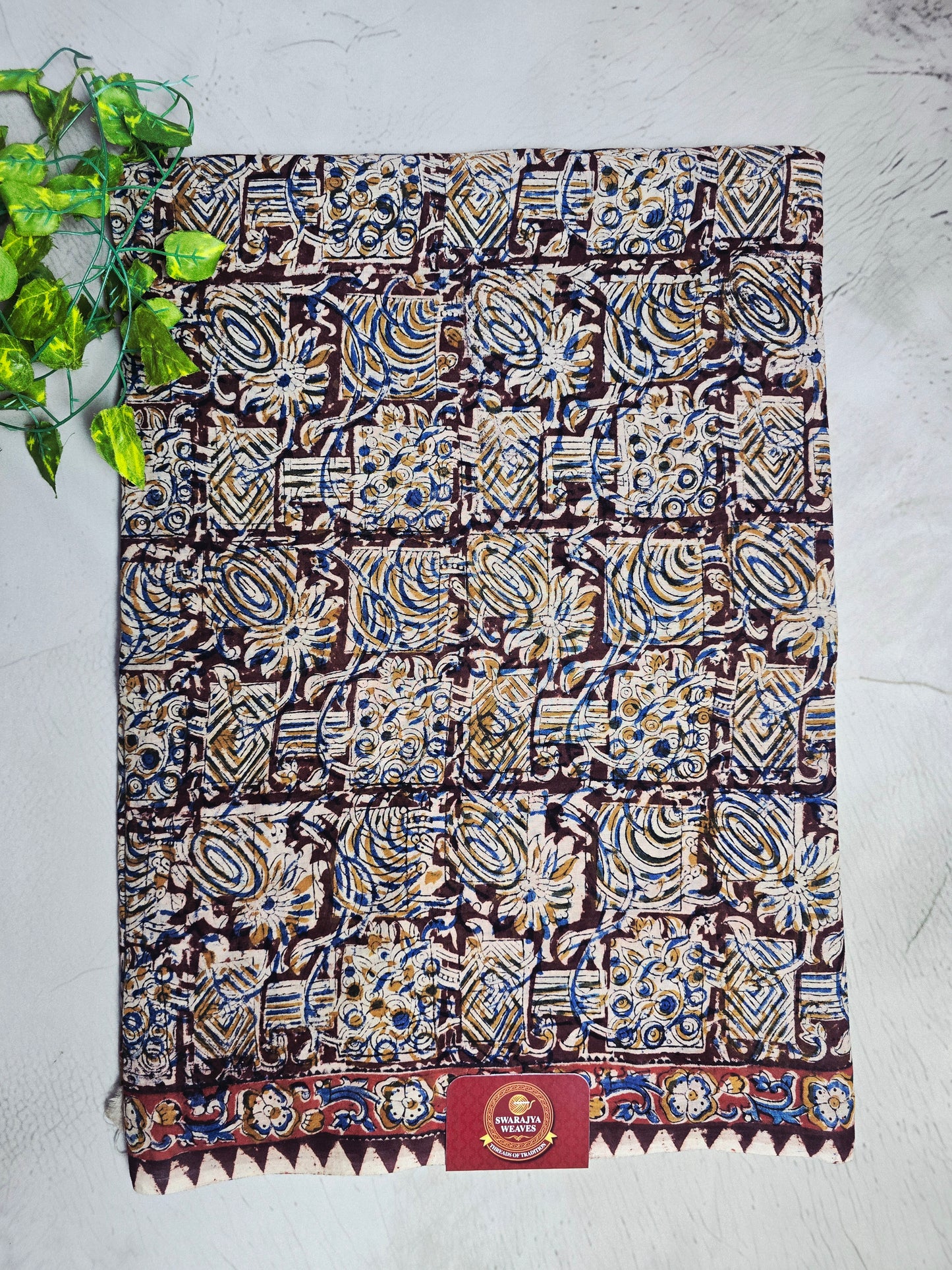 Ivory, Blue & Maroon Floral Geometric Cotton Kalamkari Saree